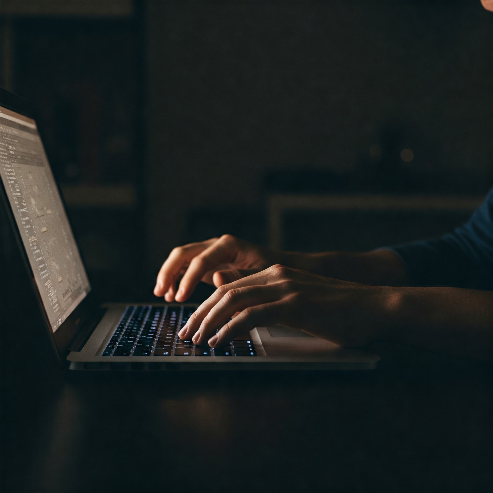 photo of Typing on Laptop in Dark Environment